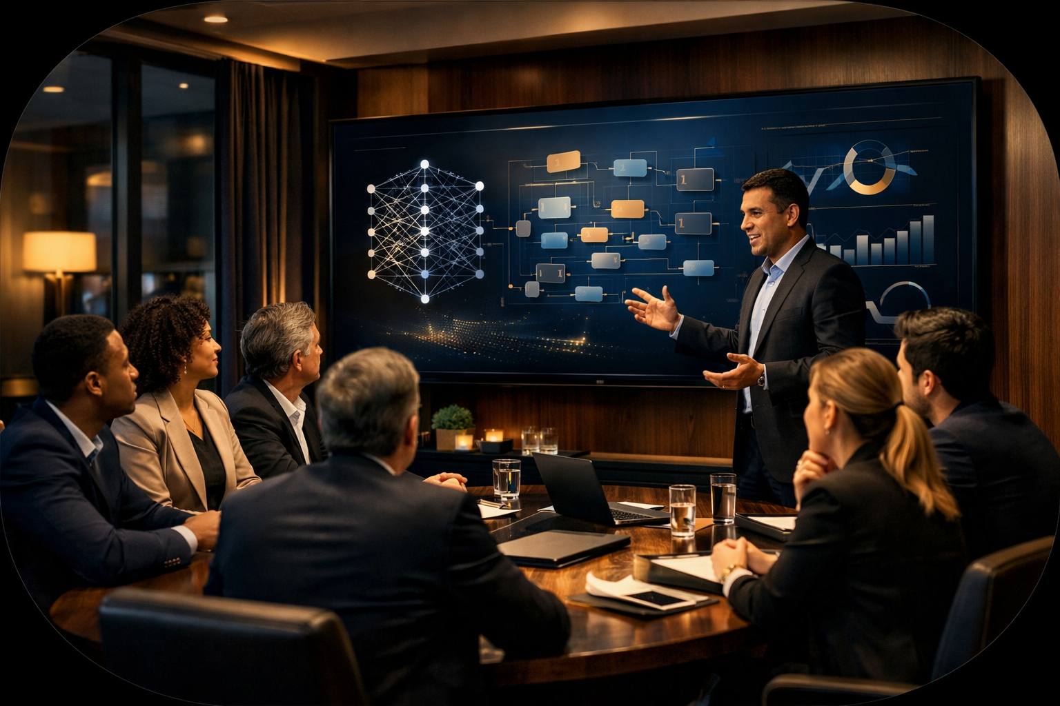 Líder apresentando estratégia de inteligência artificial para equipe executiva